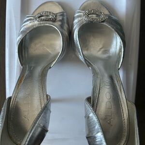 Aldo Silver Heels with Rhinestone Accent